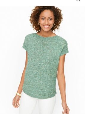 Talbots Petites Green Textured Stripe Linen Bateau Neck Pullover Sweater XLP